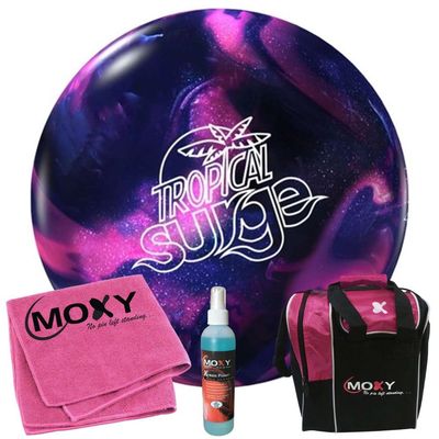 Bowlerstore Products Storm Tropical Surge Pink/Purple Bowling Ball | Moxy Strike Pink Bowling Bag | Moxy Pink Micro Fiber Towel | Moxy Xtreme Power Cleaner Package 10lbs