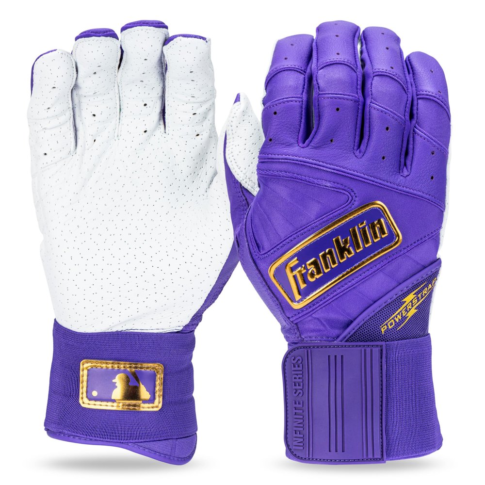 Franklin Sports MLB Batting Gloves - Infinite Powerstrap Baseball + Softball Batting Gloves -Durable Full Wrap Cage Practice - Reinforced Wrist + Heavy Duty Leather - Adult X-Large - Purple + Gold