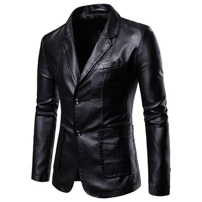 Mens Daily Simple Casual PU Leathers Suits Classic Leather Blazer 2-Button Lambskin Leather Blazers (Black B1,5X-Large)