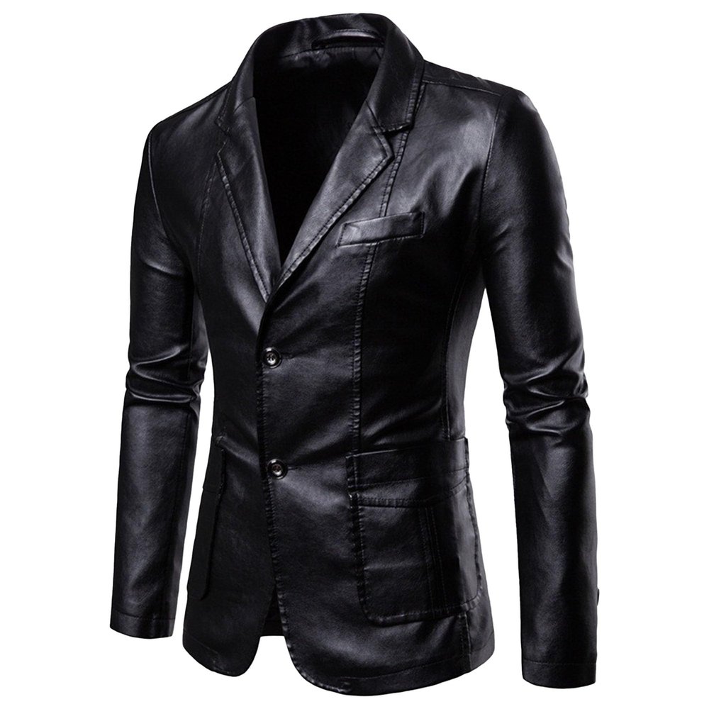 Mens Daily Simple Casual PU Leathers Suits Classic Leather Blazer 2-Button Lambskin Leather Blazers (Black B1,5X-Large)