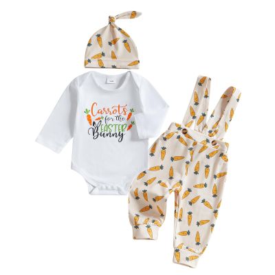 Easter Newborn Baby Boy 3PCS Clothes Set Infant Long Sleeve Romper Bunny Carrot Suspender Pants Overalls Outfits (Carrots, 9-12 Months)