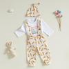 Easter Newborn Baby Boy 3PCS Clothes Set Infant Long Sleeve Romper Bunny Carrot Suspender Pants Overalls Outfits (Carrots, 9-12 Months) view 2