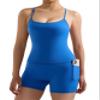 RXRXCOCO Cross Back Workout Sets for Women 2 Piece Padded Halter Tank Tops Hidden Scrunch Butt Booty Shorts with Pockets Blue X-Large view 2