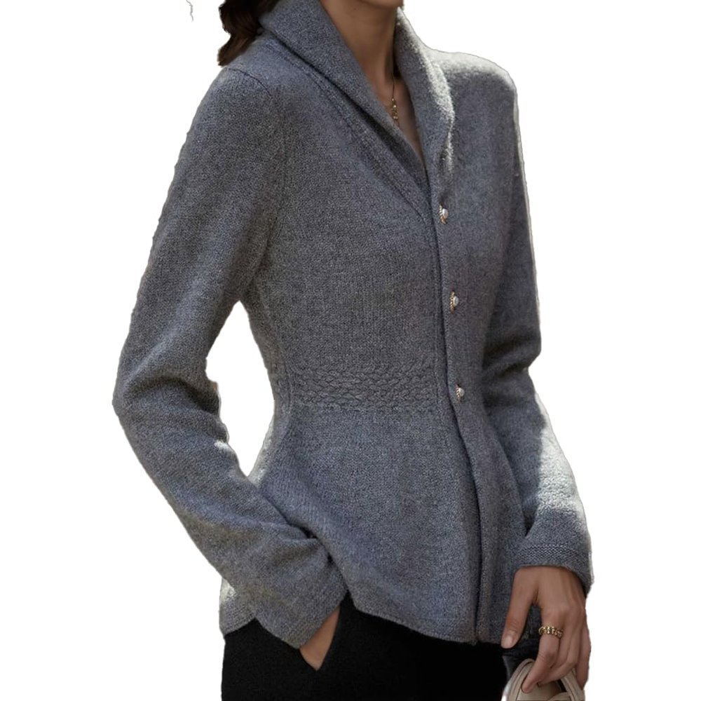 Women Vintage Long Sleeve Cardigan Sweater Shawl Lapel Button Down Knitted Sweaters Outerwear Solid Tunic Coat Grey