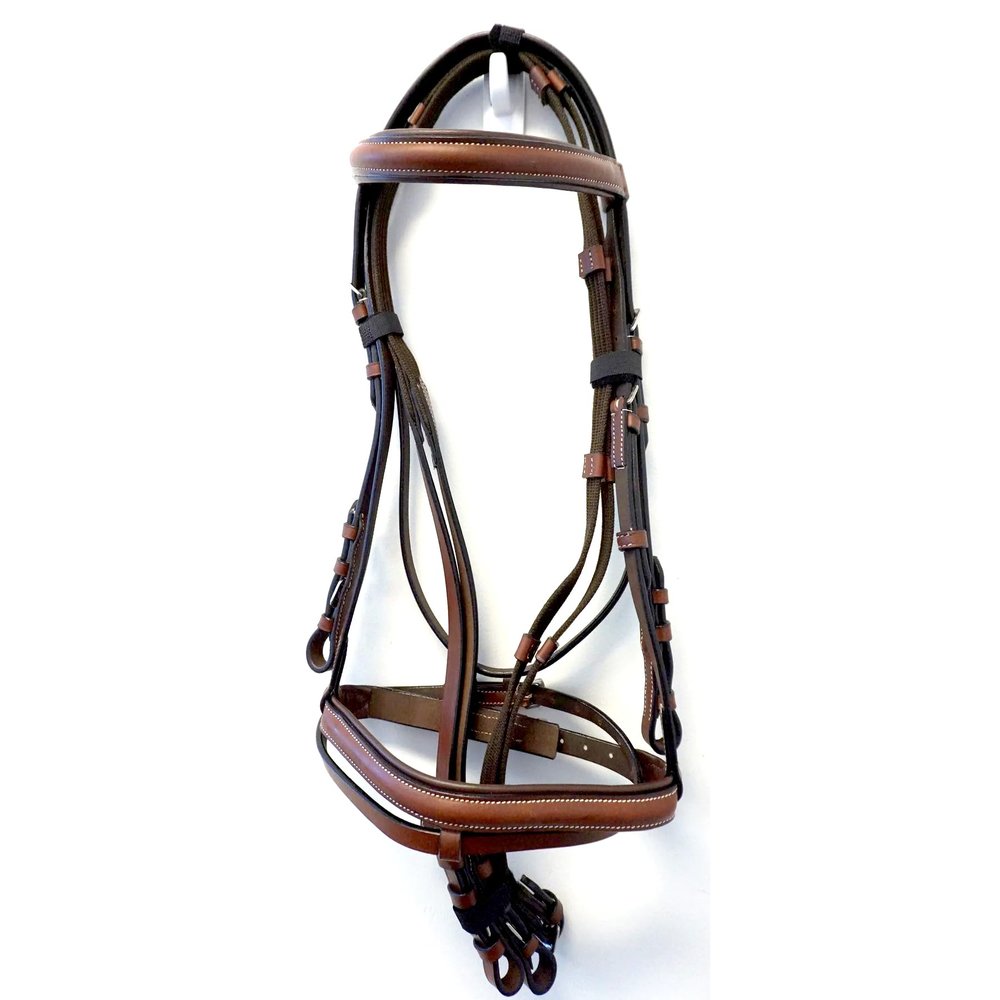 Sazaar Tack Leather English Horse Bridle-Colored Padding & Fancy Stitch Brow Band + Nose Band w/Web Reins Brown ST-016B (Cob)