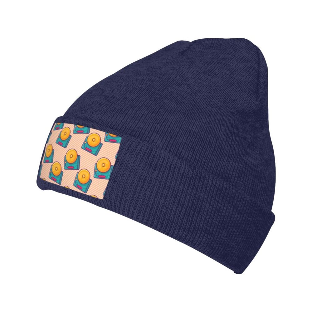 School Bell Seamless Pattern Beanie Hat Acrylic Knit Warm Winter Hats for Women Men Skull Cap Navy Blue