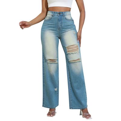 ZXCTKA Sweatpant Jean Women Distressed Straight Leg Jeans Sweatpants Jeans Boyfriend High Waited Baggy Wide Leg Jeans Y115K Streetwear Loose Denim Pants with Pocket Straight Leg Womens(Blue L)