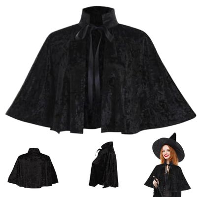 Black Cape for Women, Gothic Lolita Medieval Shawl Cloak with Tie Strap, Halloween Soft Short Medieval Cowl Black Cloak for Pagan Cosplay
