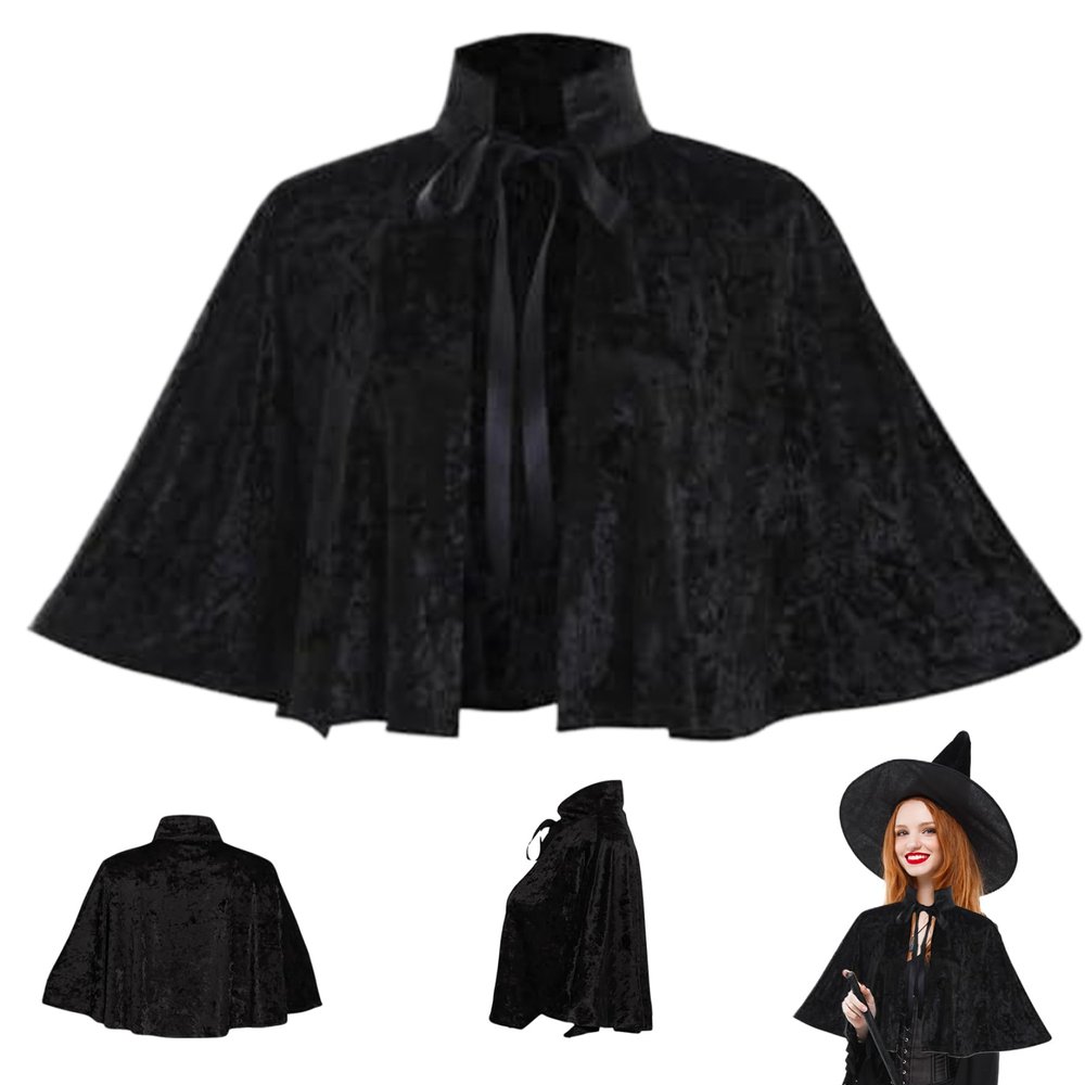 Black Cape for Women, Gothic Lolita Medieval Shawl Cloak with Tie Strap, Halloween Soft Short Medieval Cowl Black Cloak for Pagan Cosplay