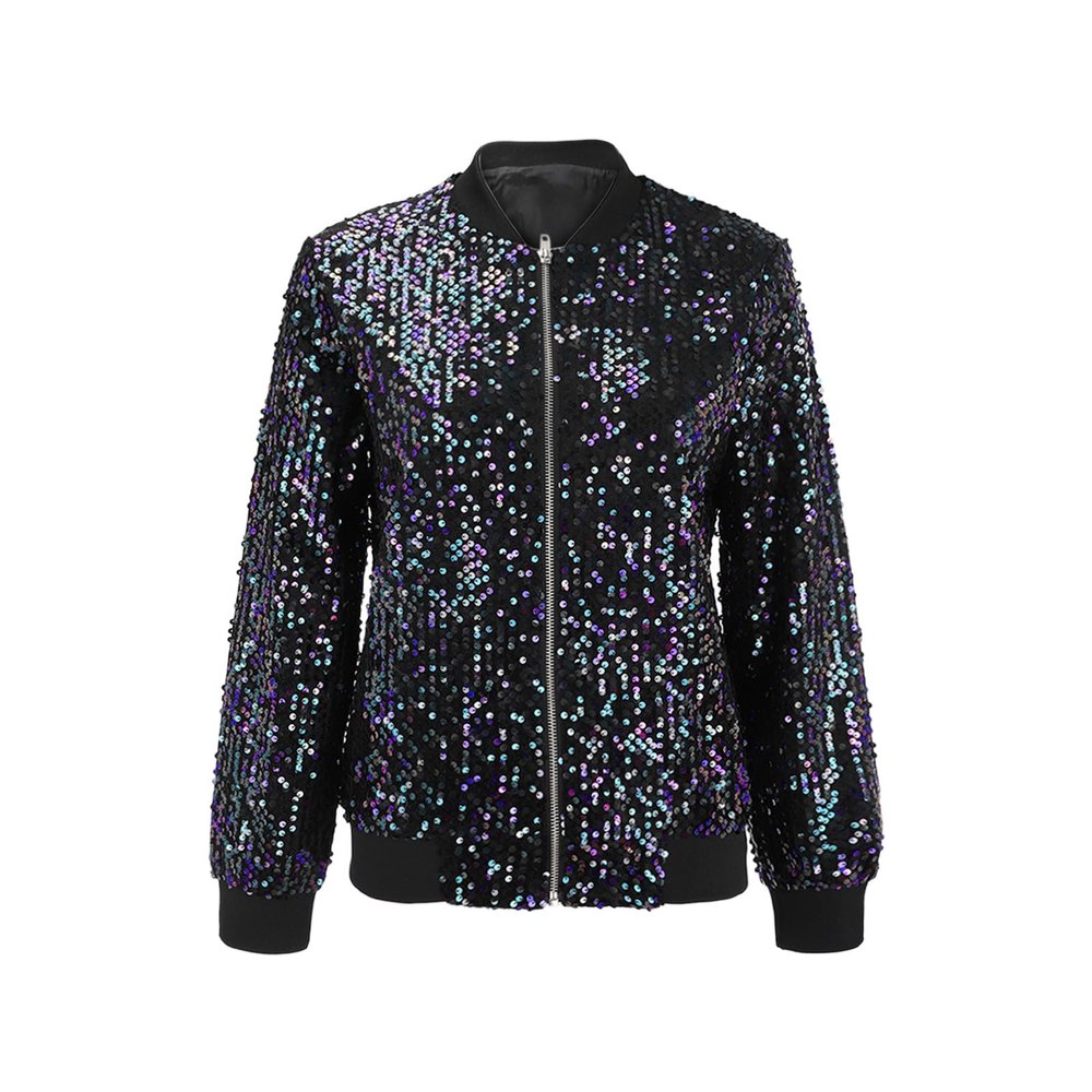 Womens Sequin Jackets Sparkly Bomber Jacket Zipper Casual Glitter Dressy Lightweight Jacket Coat Disco Party Outfit (Purple, L)