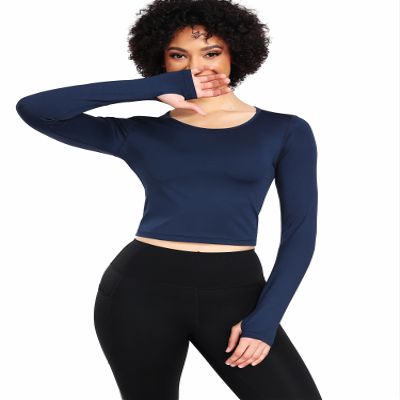CADMUS Women's Dry Fit Crop Top - Long Sleeve Crew Neck Yoga Running Athletic Tee with Thumb Holes, 2208, 1 Pack, Navy Blue, XX-Large
