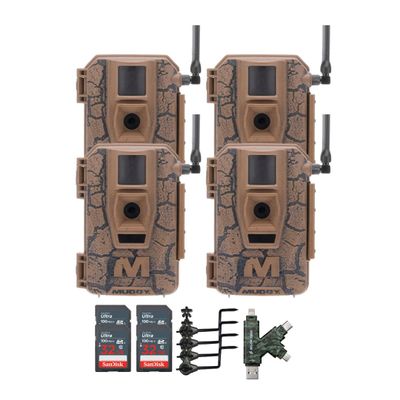 MUDDY Mitigator Cellular 24MP Imaging Trail Camera Bundle with Trail Camera Holder, SDHC UHS-I Memory Card, and High Speed Card Reader (4-Pack)
