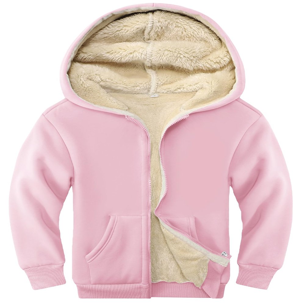 Rousytn Unisex Boys Girls Sherpa Lined Fleece Jacket Hoodie Kids Warm Winter Zip Up Hooded Sweatshirt Jackets Coat 4-15Y(Pink-XL)