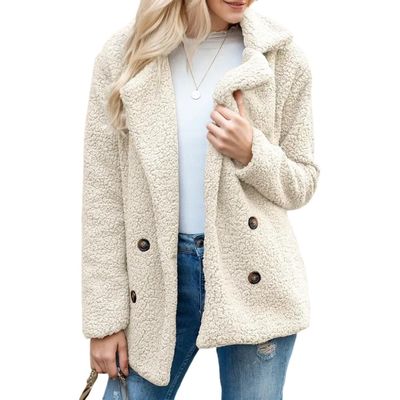 Akivide Women's Wool Fleece Button Open Front Coat Fall Winter Casual Loose Fuzzy Lapel Collar Long Sleeve Warmth Jacket