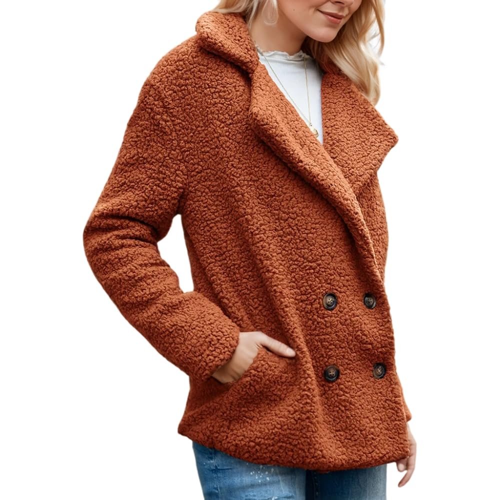 Akivide Women's Wool Fleece Button Open Front Coat Fall Winter Casual Loose Fuzzy Lapel Collar Long Sleeve Warmth Jacket
