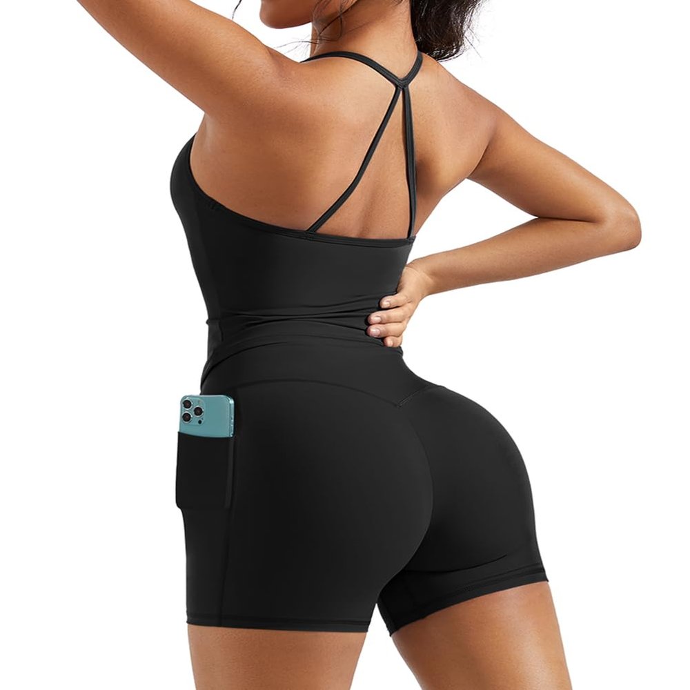 OMKAGI 2 Piece Workout Sets for Women Padded Sports Bra Tank Booty Gym Shorts with Pockets(XL,284-Black)