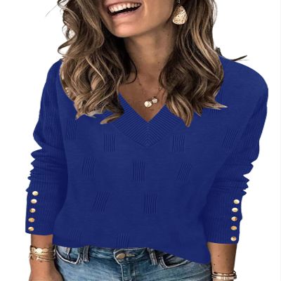 AKEWEI Womens V Neck Sweater Long Sleeve Pullover Lighetweight Knitted Ladies Tops Casual Fall(Royal Blue,Large)