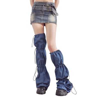 GRABAGECAN Women Japanese Jeans Leg Warmer with Drawstring Punk Flared Thigh High Socks Denims Baggy Leg Streetwear