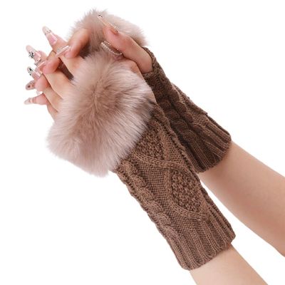 CABODYALS 2 Pairs Furry Arm Warmers Fingerless Gloves Soft Fluffy Knitted Khaki Thumb Holes Gloves Winter Crochet Faux Fur Knitting Wrist Mittens Arm Sleeves for Women Writing Painting Typing Cycling