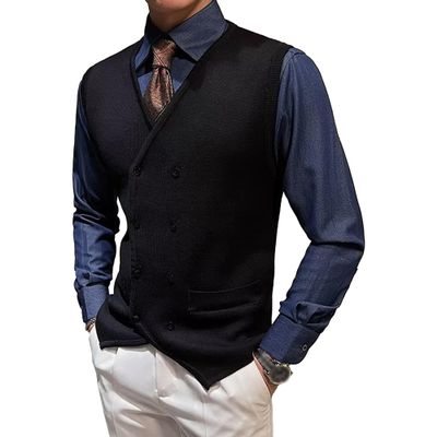 JEShifangjiusu Mens Double Breasted Sleeveless Sweater V-Neck Knitted Cardigan Tank Top Casual Slim Fit Vest With Pockets (black,Large)