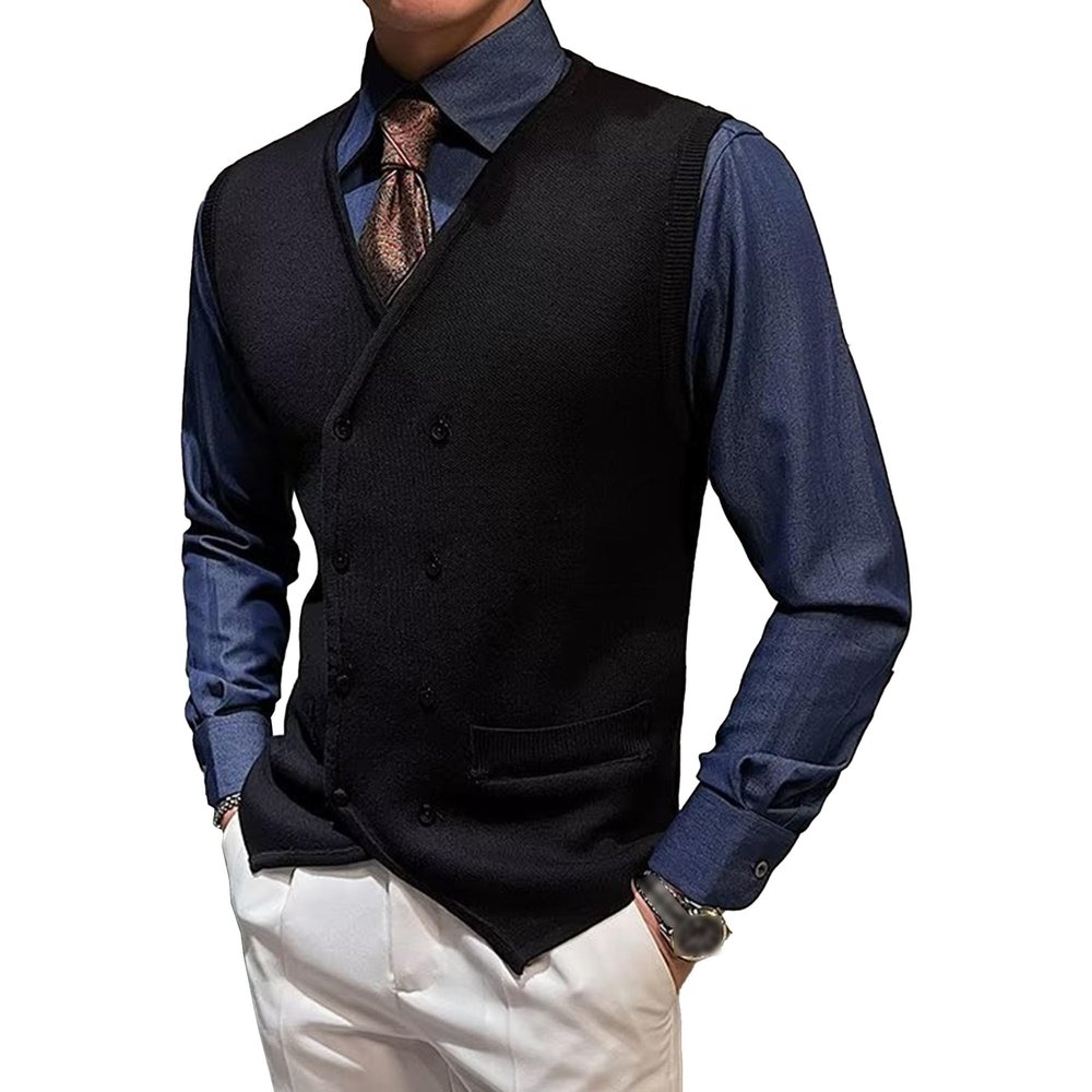 JEShifangjiusu Mens Double Breasted Sleeveless Sweater V-Neck Knitted Cardigan Tank Top Casual Slim Fit Vest With Pockets (black,Large)