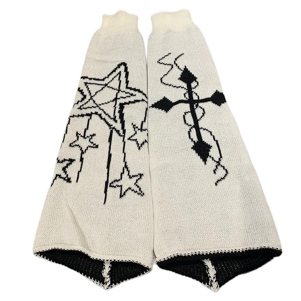 GRABAGECAN Women Star Crosses Pattern Leg Warmers Japanese Fairycore Punk Knitted Long Socks Flared Foot Covers Streetwear