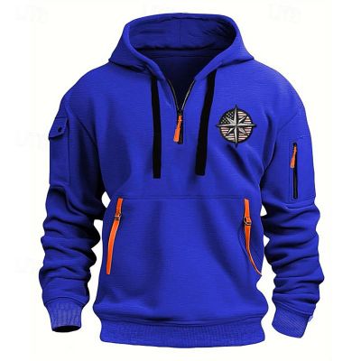 ZXCTKA Tactical Hoodies for Men Quarter Zip Pullover Vintage Solid/Graphic Long Sleeve Workout Hoodie Sweatshirt With Pockets Royal Blue 3X-Large