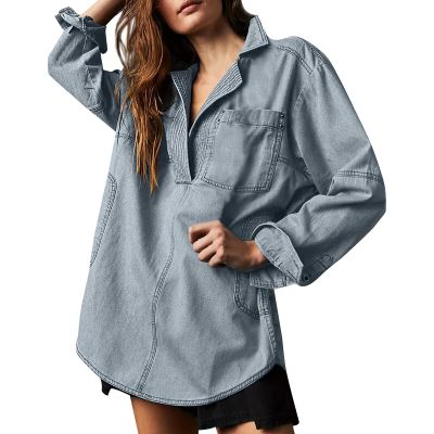 XUNRYAN Fall 2024 Women's Denim Pullover Casual Button V Neck Blouse Loose Fit Long Sleeve Shirts Jean Jacket w Pocket Fashion Clothes