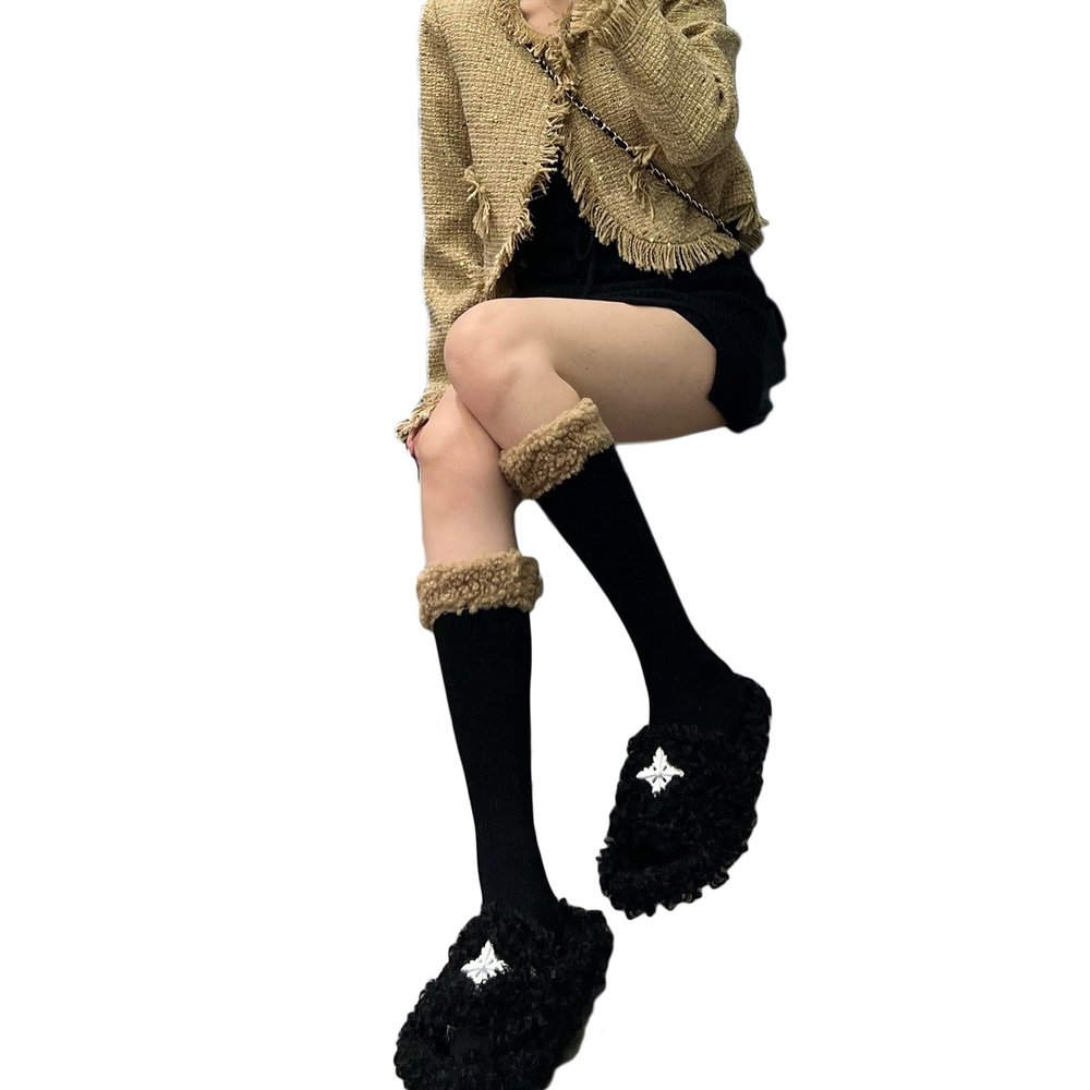GRABAGECAN Women Winter Calf Length Socks Japanese Faux Lamb Wool Furry Trim Bowknot Stockings Leg Warmer