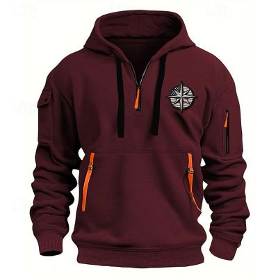 ZXCTKA Tactical Hoodies for Men Quarter Zip Pullover Vintage Solid/Graphic Long Sleeve Workout Hoodie Sweatshirt With Pockets Wine X-Large