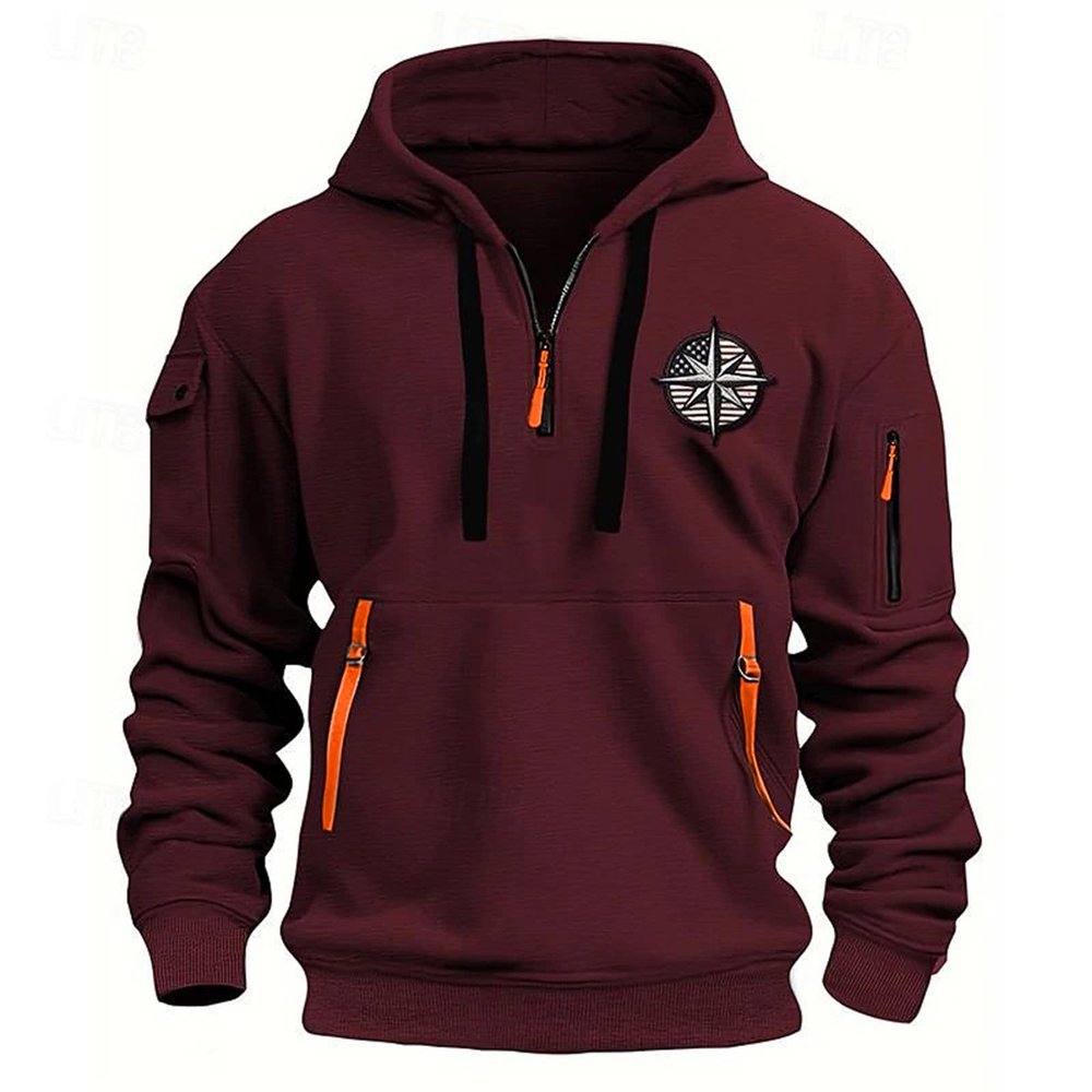 ZXCTKA Tactical Hoodies for Men Quarter Zip Pullover Vintage Solid/Graphic Long Sleeve Workout Hoodie Sweatshirt With Pockets Wine X-Large