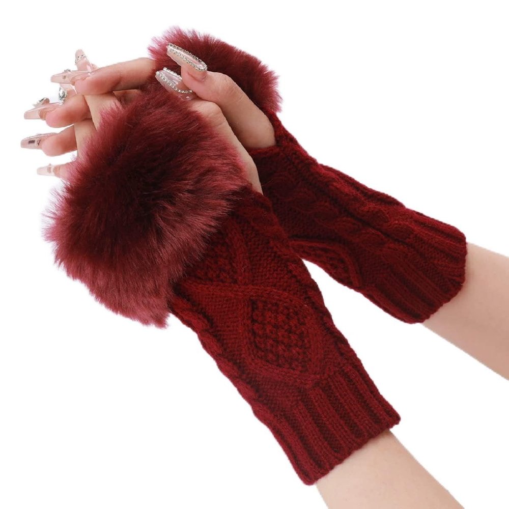 CABODYALS 2 Pairs Dark Red Furry Fingerless Gloves Soft Fluffy Thumb Hole Gloves Knitting Winter Crochet Warm Arm Sleeves Faux Fur Hand Wrist Warmer Mitten Bulk for Women Typing Writing Driving Supply