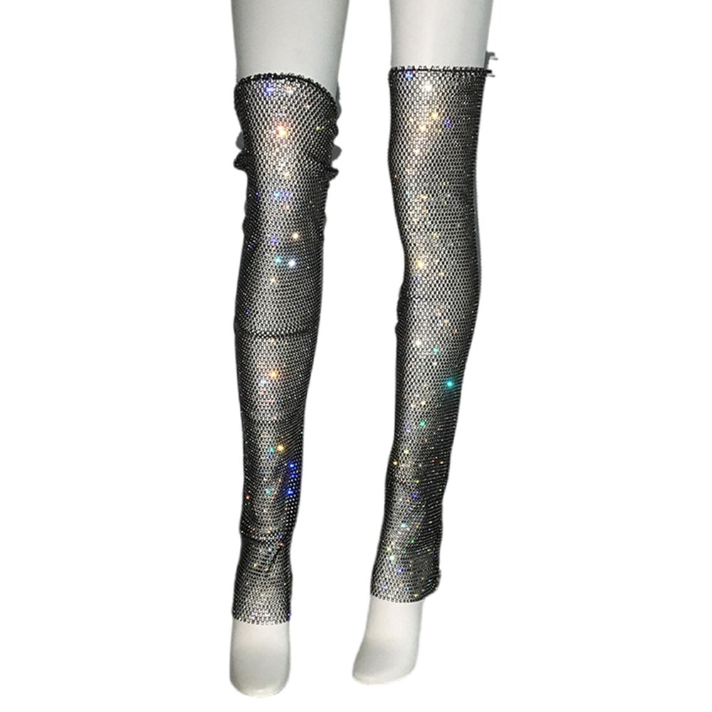 GRABAGECAN Women Fishnet Mesh Thigh Highs Leg Waremr Rhinestones Sheer Over Knee Leg Festival Long Socks