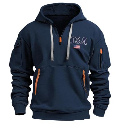 ZXCTKA Tactical Hoodies for Men Quarter Zip Pullover Vintage Solid/Graphic Long Sleeve Workout Hoodie Sweatshirt With Pockets Navy X-Large
