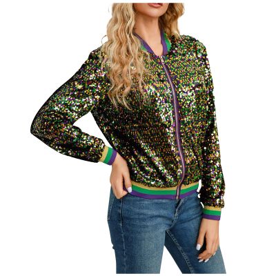 UYISJ Carnival Festival Costumes for Women Mardi Gras Sequin Jacket Front Zip Up Glitter Bomber Jackets New Orleans Outfits Mardi Gras Clothes for Women A, Purple