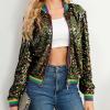 UYISJ Carnival Festival Costumes for Women Mardi Gras Sequin Jacket Front Zip Up Glitter Bomber Jackets New Orleans Outfits Mardi Gras Clothes for Women A, Purple view 2