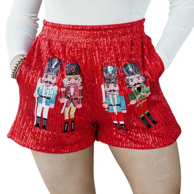 Adoeren Women Christmas Cute Sequin Shorts Elastic Waist Sparkly Glitter Short Pants Xmas Costume Party Shorts Clubwear (Adorable Red, S)