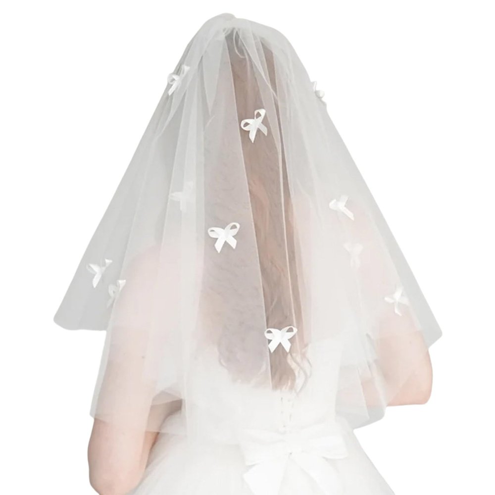 WEISUYUUS Elegant Short Wedding Veil with Comb White Tulle Bridal Veils with Bowknot Decoration Headpieces for Wedding Party