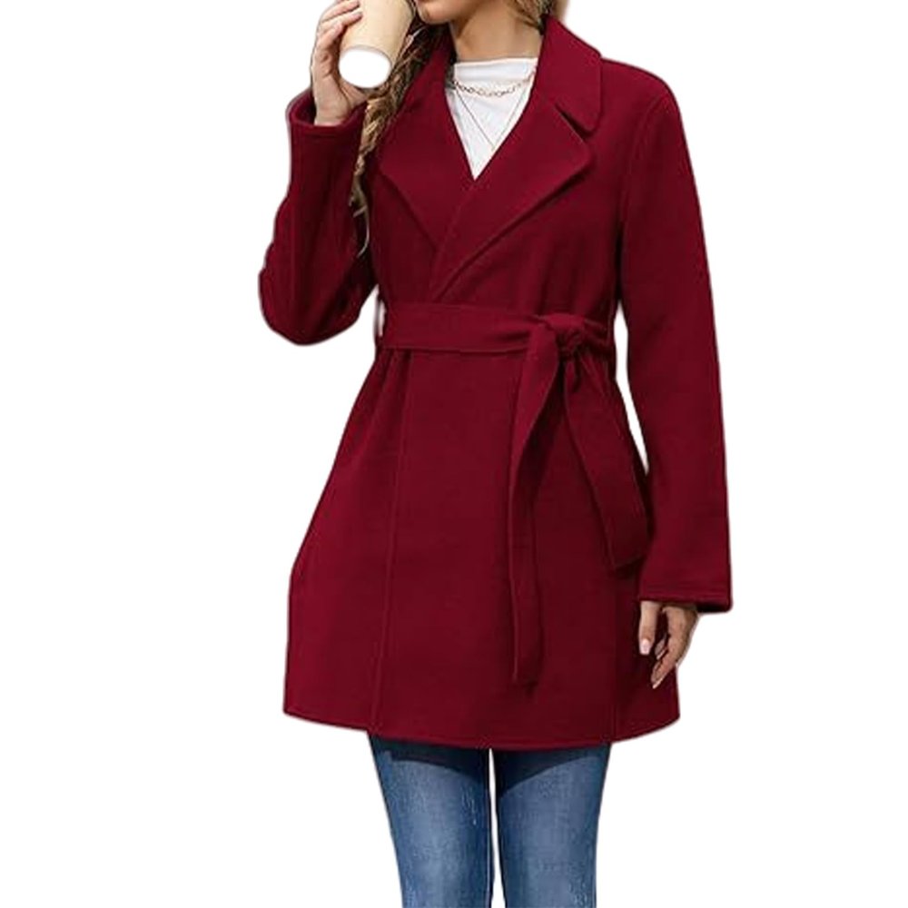 Autumn Winter Wool Trench Coat Women Casual Solid Color Fashion Woolen Long Sleeve Pocket Belt Jacket (red,Medium)