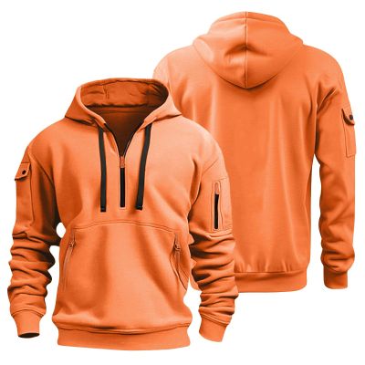 ZXCTKA Tactical Hoodies for Men Quarter Zip Pullover Vintage Solid/Graphic Long Sleeve Workout Hoodie Sweatshirt With Pockets Orange Medium
