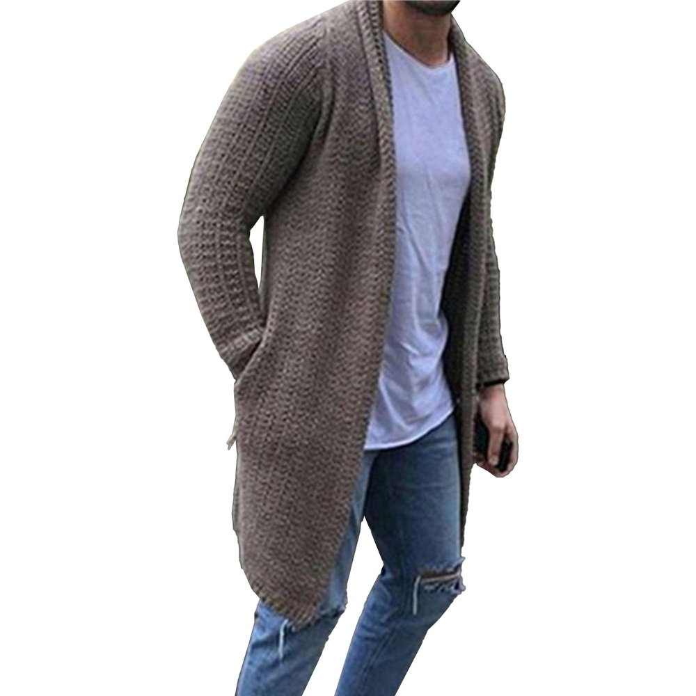JEShifangjiusu Mens Long Thickening Cardigan Sweater Threaded Elastic Hem Knit Outerwear Flip Collar Slim Fit Knitwear (Khaki E2,Small)