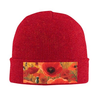 Poppy Flowers Printd Knitted Hat Warm Winter Hats High Elasticity Personalized Knitted Hat Red