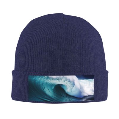 Big Ocean Wave Hd Printd Knitted Hat Warm Winter Hats High Elasticity Personalized Knitted Hat Navy Blue