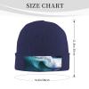 Big Ocean Wave Hd Printd Knitted Hat Warm Winter Hats High Elasticity Personalized Knitted Hat Navy Blue view 2