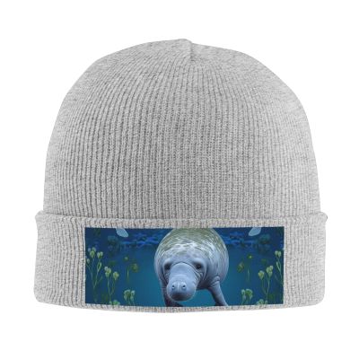 Manatee Animals Cartoon Printd Knitted Hat Warm Winter Hats High Elasticity Personalized Knitted Hat Gray