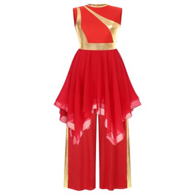 YOOJOO Women Praise Dance Outfit Metallic Block Asymmetric Overlay Dress + Pants Worship Liturgical Lyrical Costume Red Large