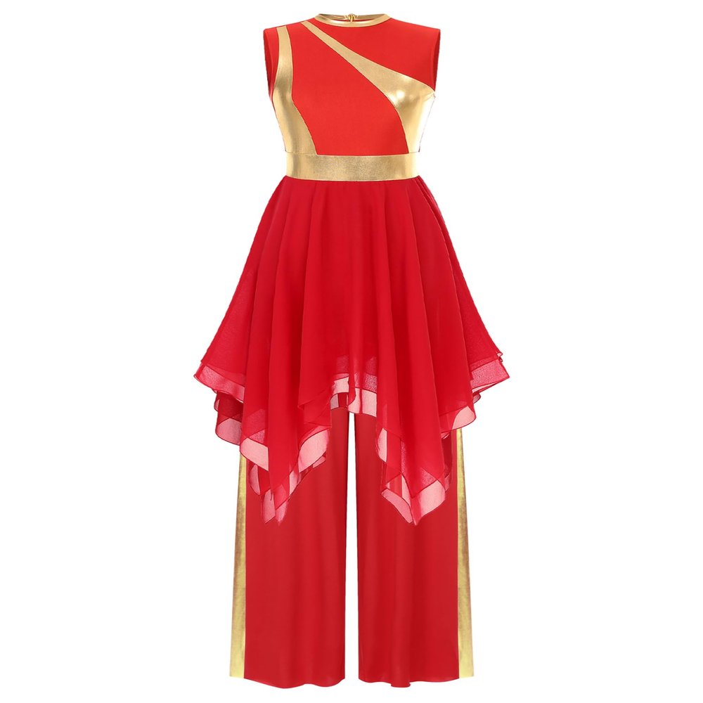 YOOJOO Women Praise Dance Outfit Metallic Block Asymmetric Overlay Dress + Pants Worship Liturgical Lyrical Costume Red Large