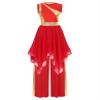 YOOJOO Women Praise Dance Outfit Metallic Block Asymmetric Overlay Dress + Pants Worship Liturgical Lyrical Costume Red Large view 1