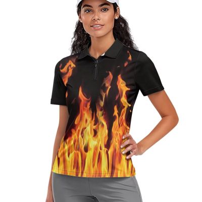 WELLFLYHOM Fire Flame Golf Shirts for Women Dry Fit Collared Tennis Tops Graphic Short Sleeve T-Shirt Quarter Zipper Pullover Workout Top Athletic Golf Outfits Summer Clothes XS