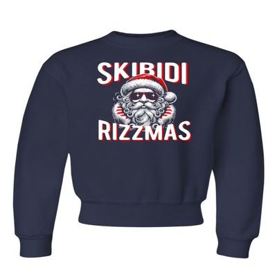 Go All Out Large Navy Blue Youth Skibidi Rizzmas Cool Santa Funny Christmas Crewneck Sweatshirt